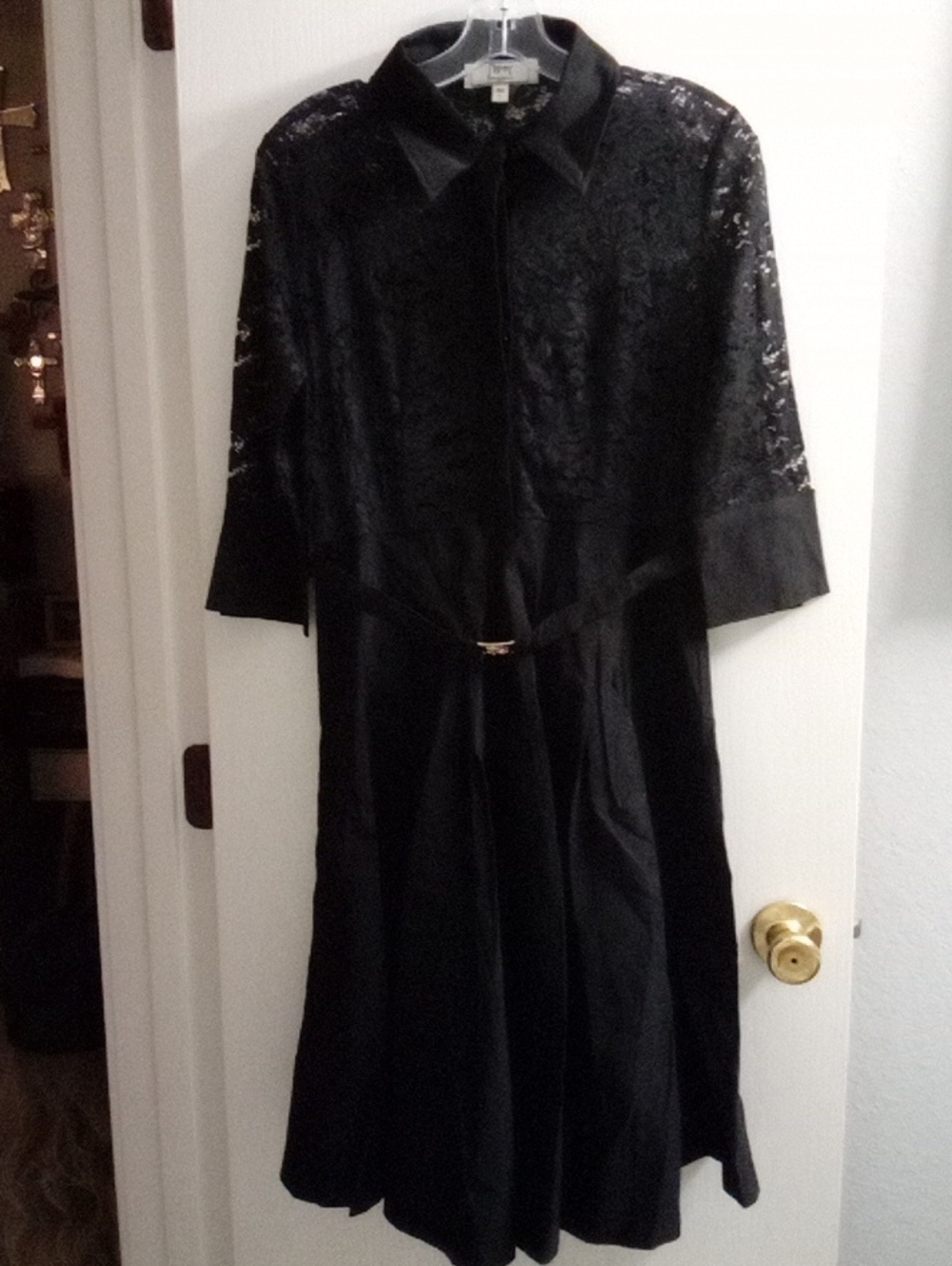 Women's Black Lace-Top Midi Shirt Dress with Belt